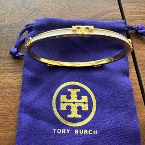 Tory Burch Gold Bangle with White Enamel